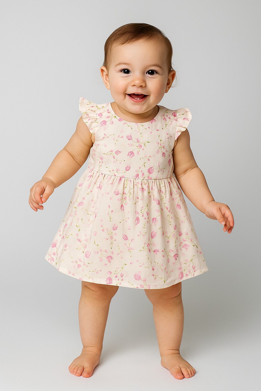 Cream Pink Ruffle Sleeve Floral Dress